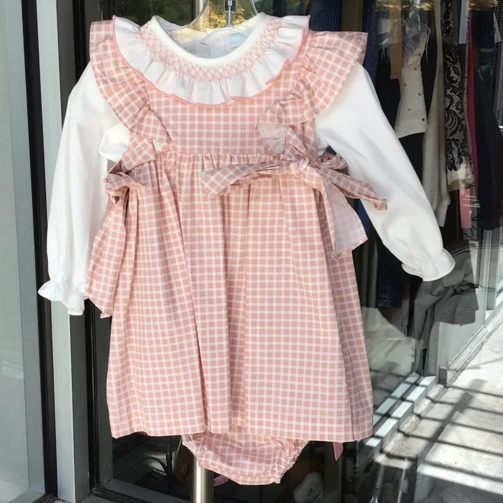 Edgehill Collection Pink Gingham Ruffle Pinafore Dress set